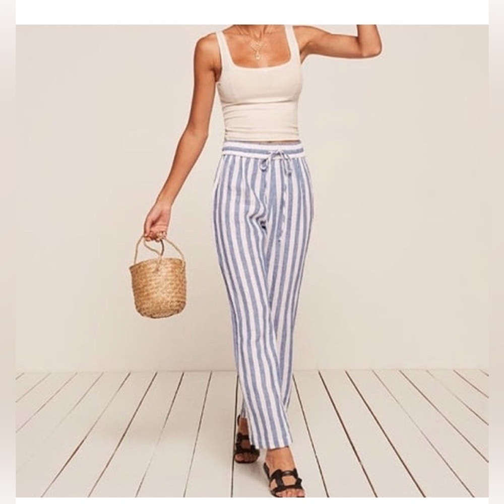 Reformation pull on drawstring Linen striped Pants S made in USA